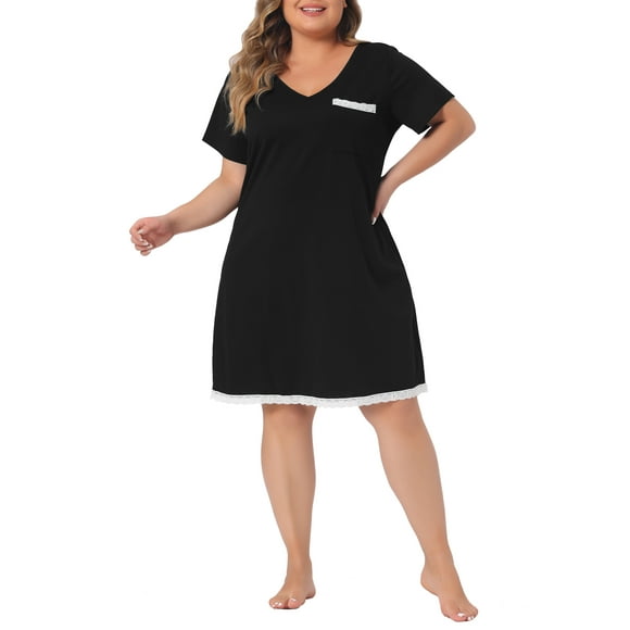 Camisón de mujer de tallas grandes GRACE & GRANDEUR, pijama suave, camiseta de dormir de manga corta con encaje, camisón de noche 2X negro