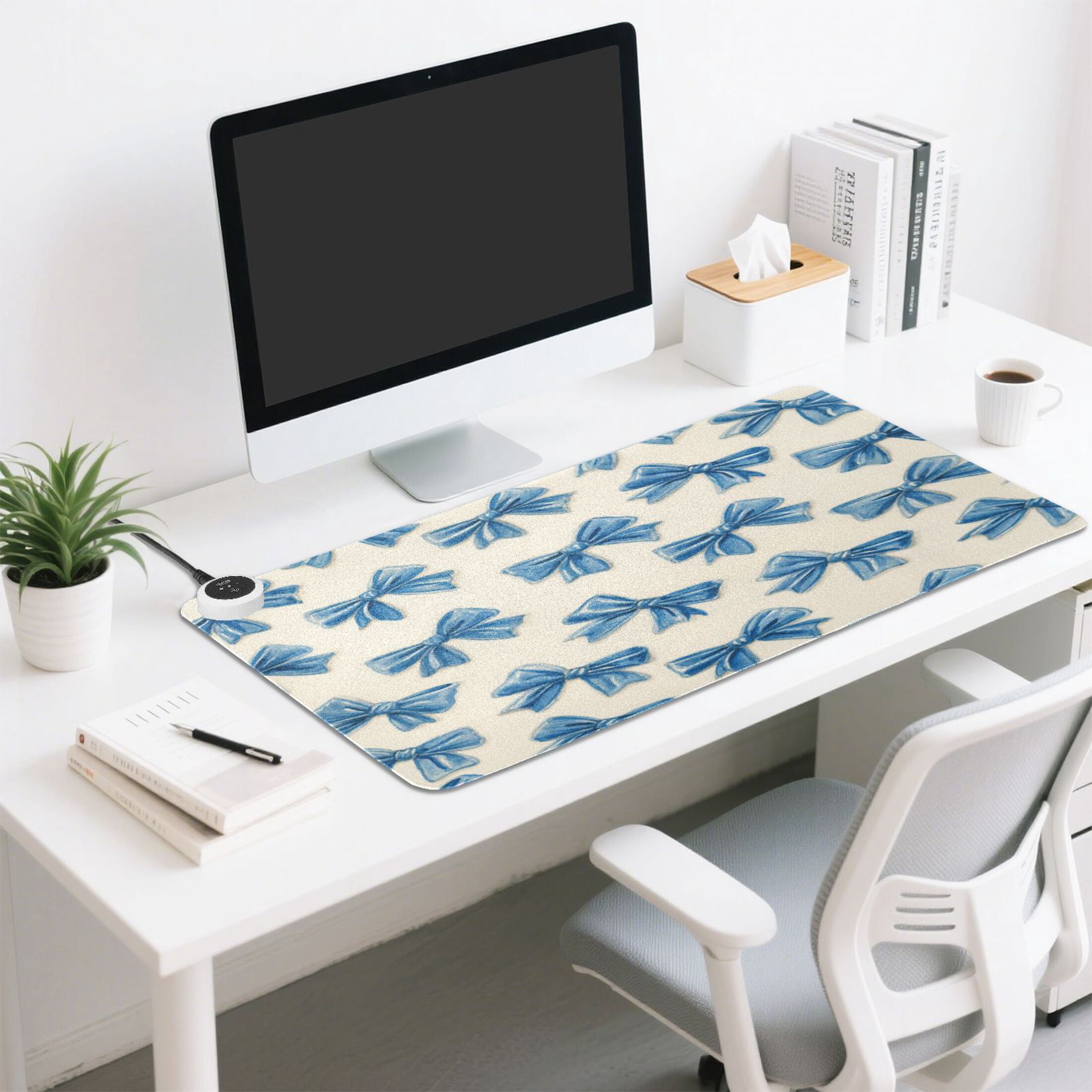 Large Heated Desk Mat Mouse Pad 31.5"x13"PU Leather Graphene Heating Desk Warmer with 3 Temperature Settings 110V US Plug Non-Slip Warm Pad for Home, Office, and Gaming Classic Blue Bow Pattern