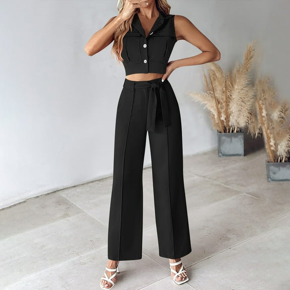 Abomasnow Women's 2 Piece Outfits 2025 Summer Sleeveless Crop Vest Belted Wide Leg Pants Trendy Button Up Business Office Sets