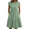 thumbnail image 3 of BRGZLK Women's Ruffle Hem Sleeveless Solid Color Summer Beach Tank Dress Round Neck Casual Jacquard Hem Smock Summer Mini Knee Length Dresses, 3 of 7
