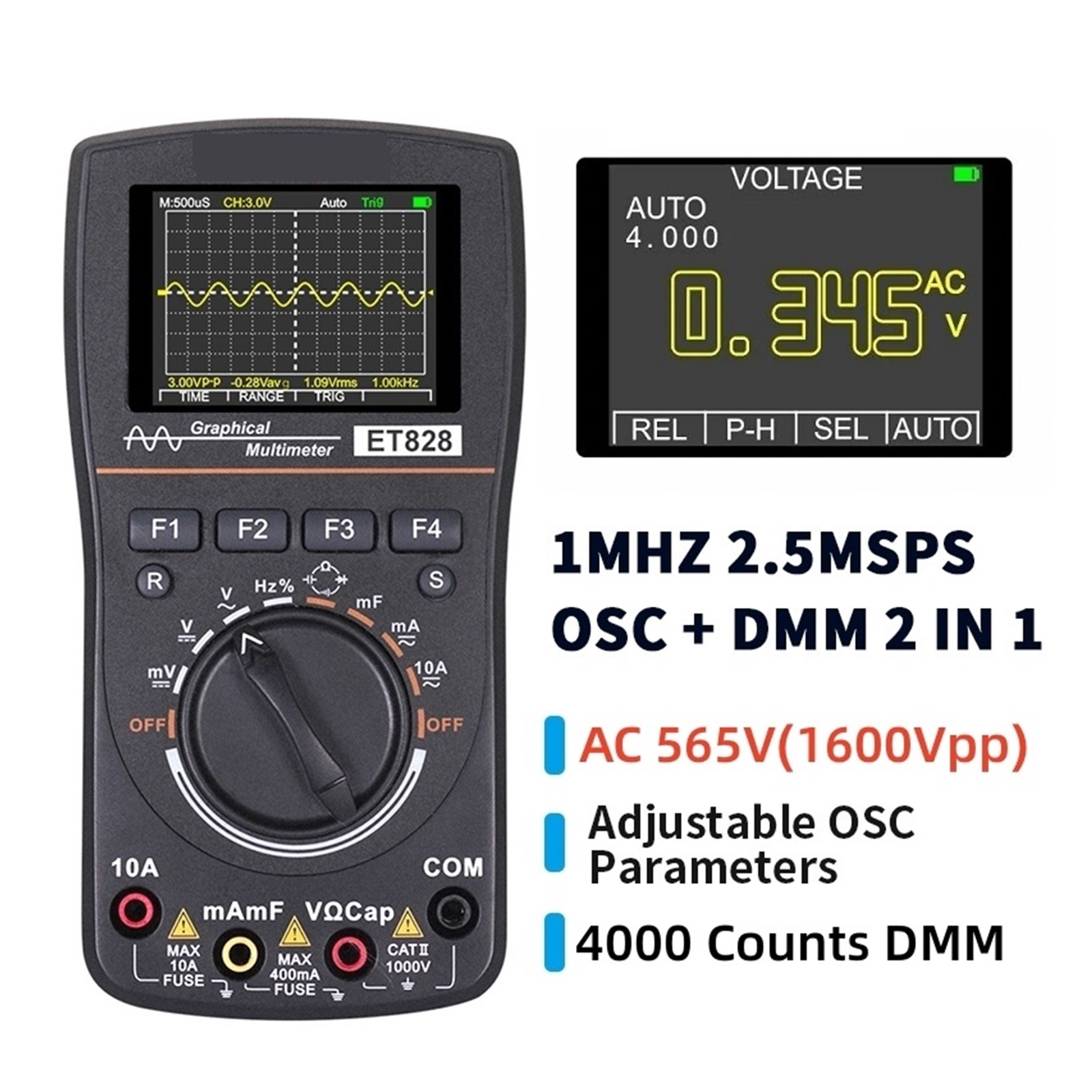 ET828 Portable Digital Oscilloscope Multimeter 2 In 1 Color Voltmeter Ammeter Waveform Capture For DIY Electric Repair ,Professional Designed