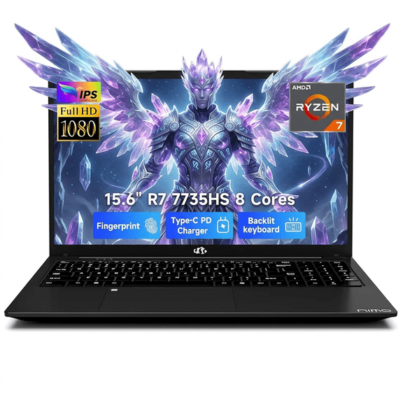 15.6" FHD Gaming Laptop 32GB DDR5 RAM 2TB NVMe SSD AMD Ryzen 7 7735HS (8 Cores Up to 4.75GHz) with Radeon 680M Graphics 100W PD Type-C Backlit Keyboard Fingerprint Unlock Black