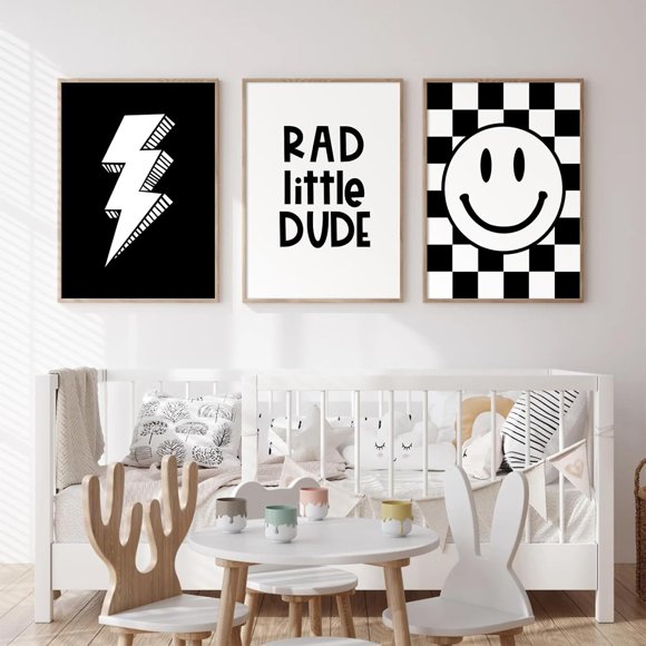 Ensemble de Décoration Murale pour Chambre de Garçons, 3 Pcs, Art Mural en Toile pour Chambre de Bébé, Affiche à Carreaux Noirs Souriants, Impressions Rétro pour Chambre 12x16 Pouces Non Encadrées