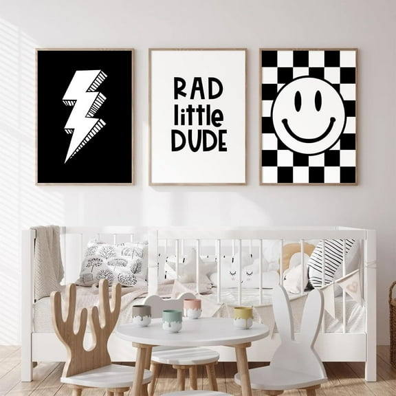 Boys Room Wall Art Decor Set of 3 Toddler Nursery Canvas Wall Art Baby Kids Wall Decor Black Checkered Smiley Poster Pictures Retro Playroom Rad Little Dud Art Prints for Bedroom 12x16 Inch Unframed