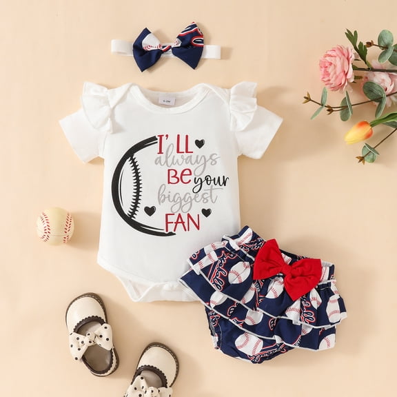 OOOUM girls 2 piece Baseball outfit set Ruffle Sleeve Bodysuit and Ruffled Shorts with Bow Headband Cute Sports Themed Clothing Set Blue 6-9 Months