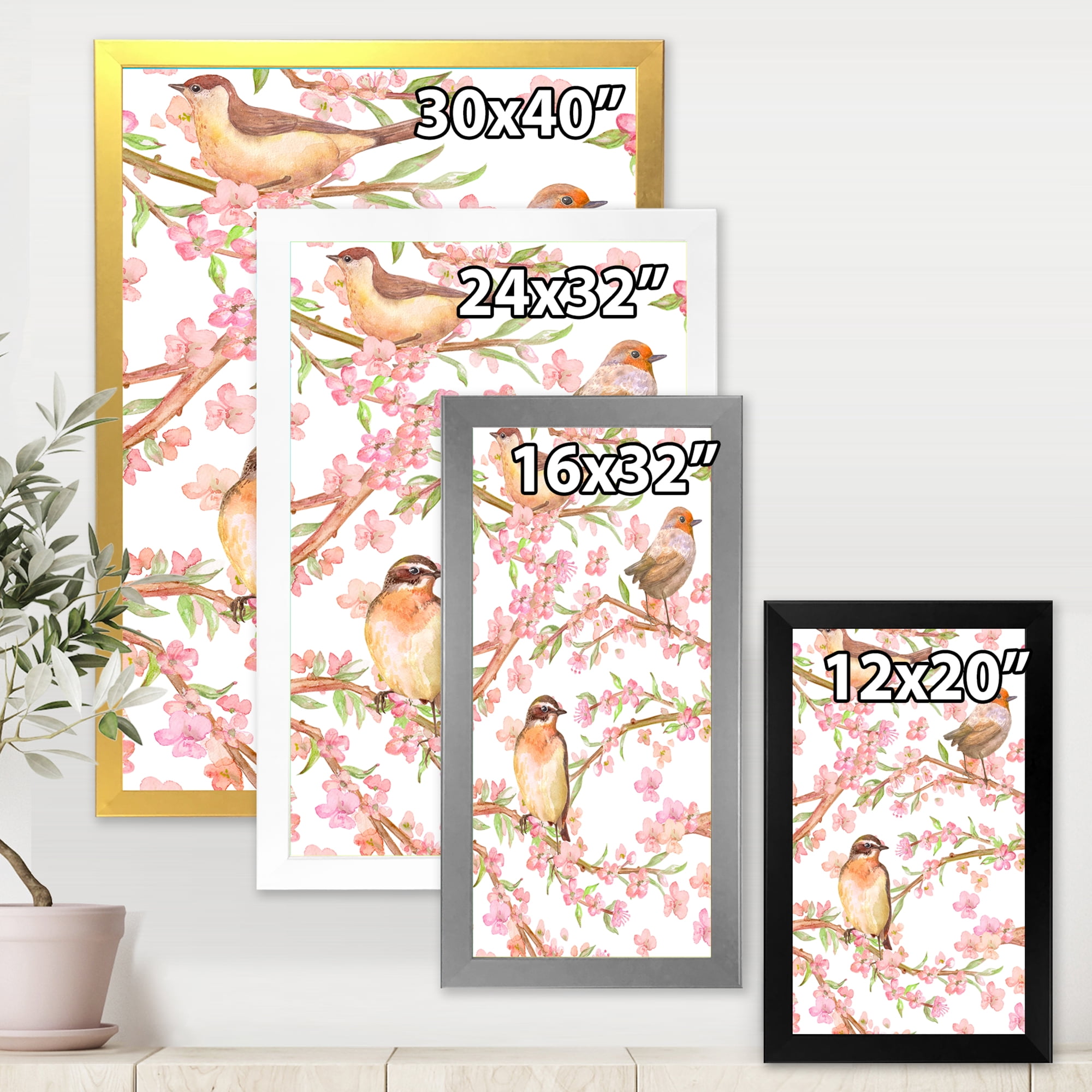 Designart 'Lovely Birds On Branches Of Flowering Almond' Traditional Framed Art Print