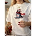 thumbnail image 1 of Women'S Vintage Raccoon Print T-Shirt, Polyester 100% Crew Neck Short Sleeve Tee, Geometric Pattern Knit Fabric Top for Summer, 200g/m² - Casual Retro Style, 1 of 6