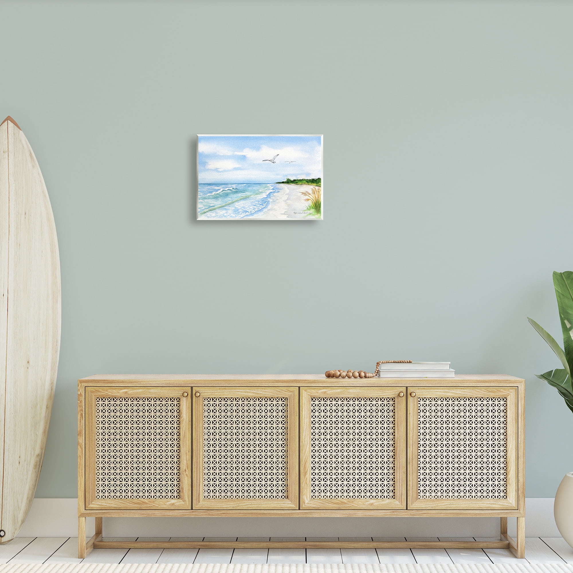 Stupell Industries Traditional Seagull over Beach Landscape Painting Unframed Art Print Wall Art, 19 x 13
