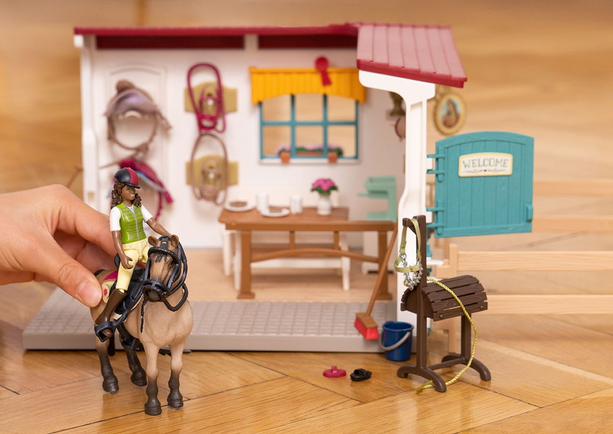 schleich Horse Club - 85 PC Tack Room Stable Extension Playset with Rider Sarah, Horse Figurine and Accessories - Equestrian Toy Set for Kids Ages 5+