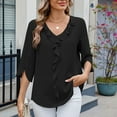 thumbnail image 4 of Chiffon Blouse With Mid Length Sleeves V Neck Pleated Ruffle Trim Loose Fit For Women Champagne Chiffon Blouse Womens Blouse with Vest Womens Blouses And Tops Dressy Short Sleeve Long Layering Shirts, 4 of 7