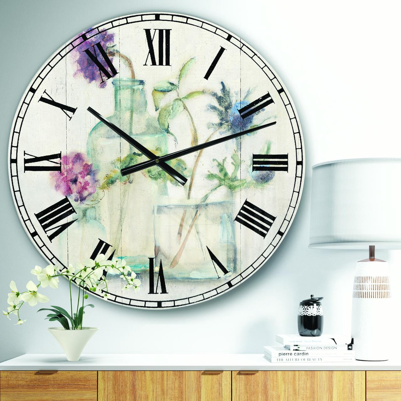 Designart 'Blossoms on Birch Cottage Bouquet II' Farmhouse wall clock