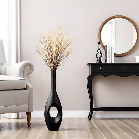 23.6 Inch Black Floor Vase - Modern Donut Shaped Tall Decorative Resin Vase for Living Room, Entryway, Office