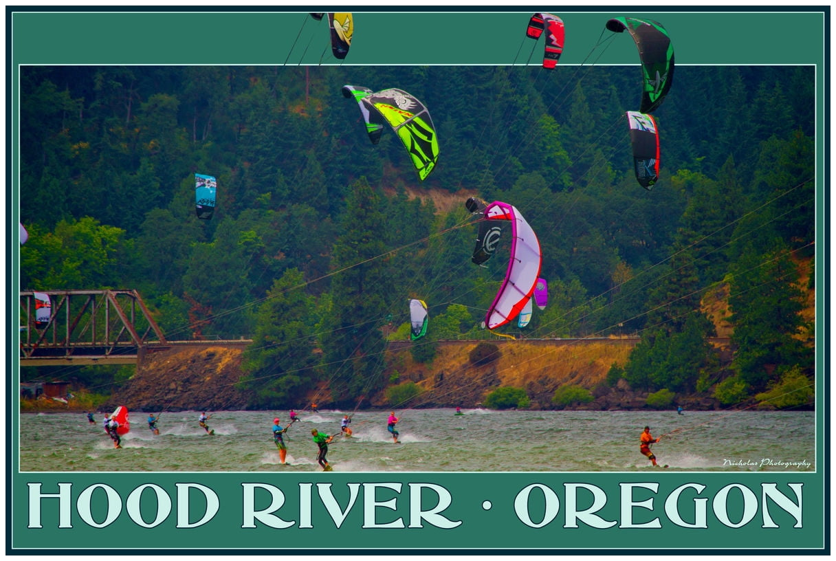 Hood River, Oregon Kiteboarding Giclee Art Print Poster by Nicholas