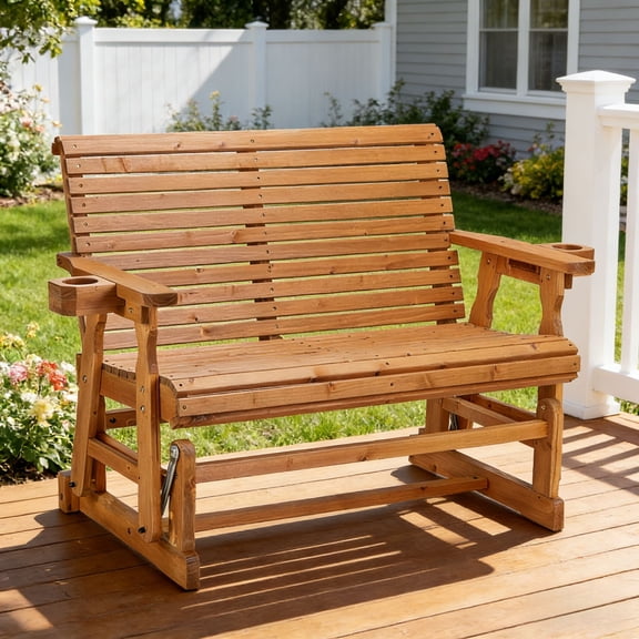 Ktaxon 2 Seater Outdoor Wood Swing Glider Chair with Cup Holder, 48" Patio Glider for Porch, Heavy Duty 800 LBS, Teak