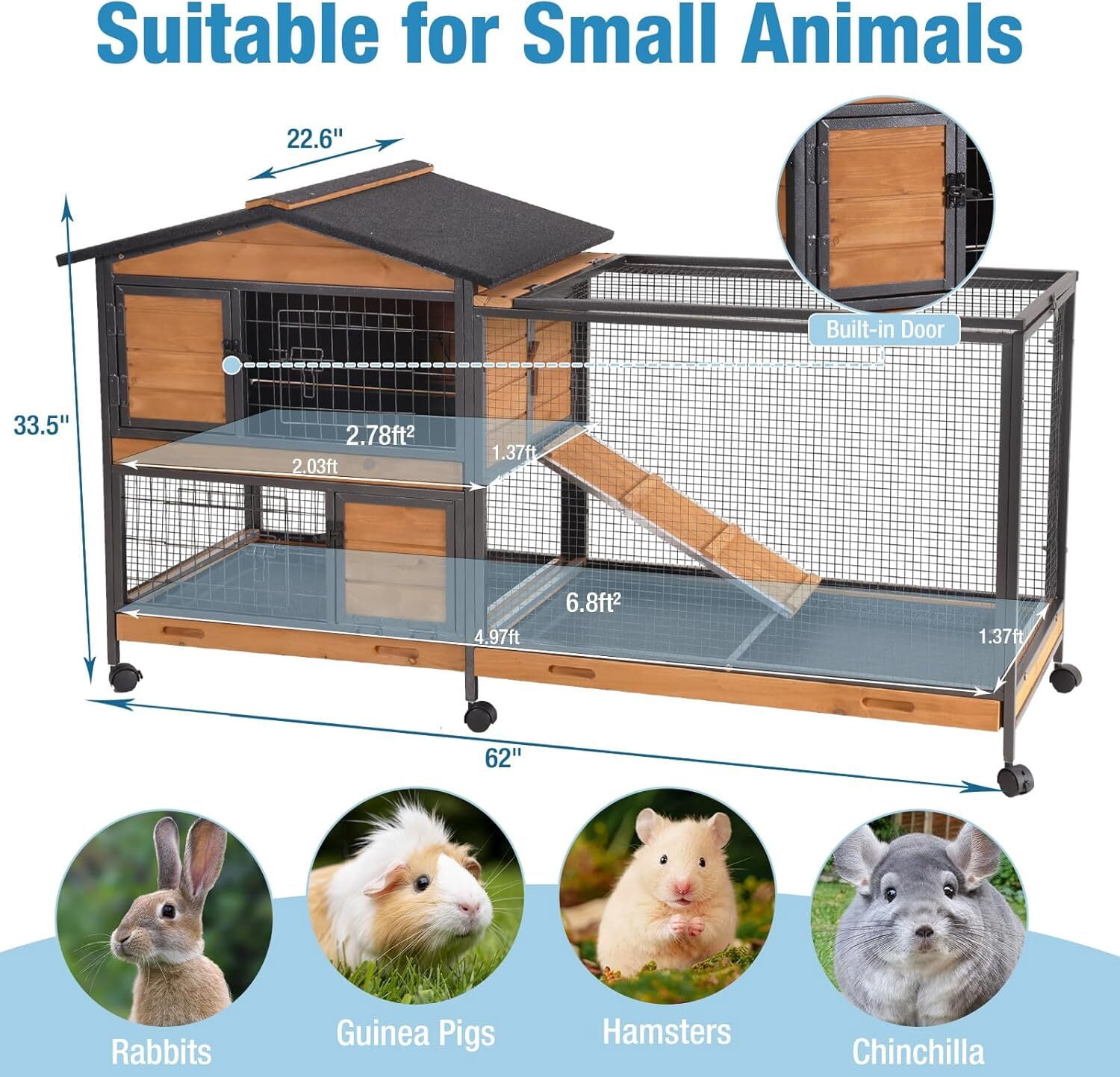 MEDEHOO Rabbit Hutch Indoor, 62’’ Bunny Hutch Outdoor with All-Around Metal Frame, Mobile Rabbit House with Wheels, Wooden Bunny Cage with Leakproof Tray, Chew-Proof Ramp for Guinea Pig(Orange)