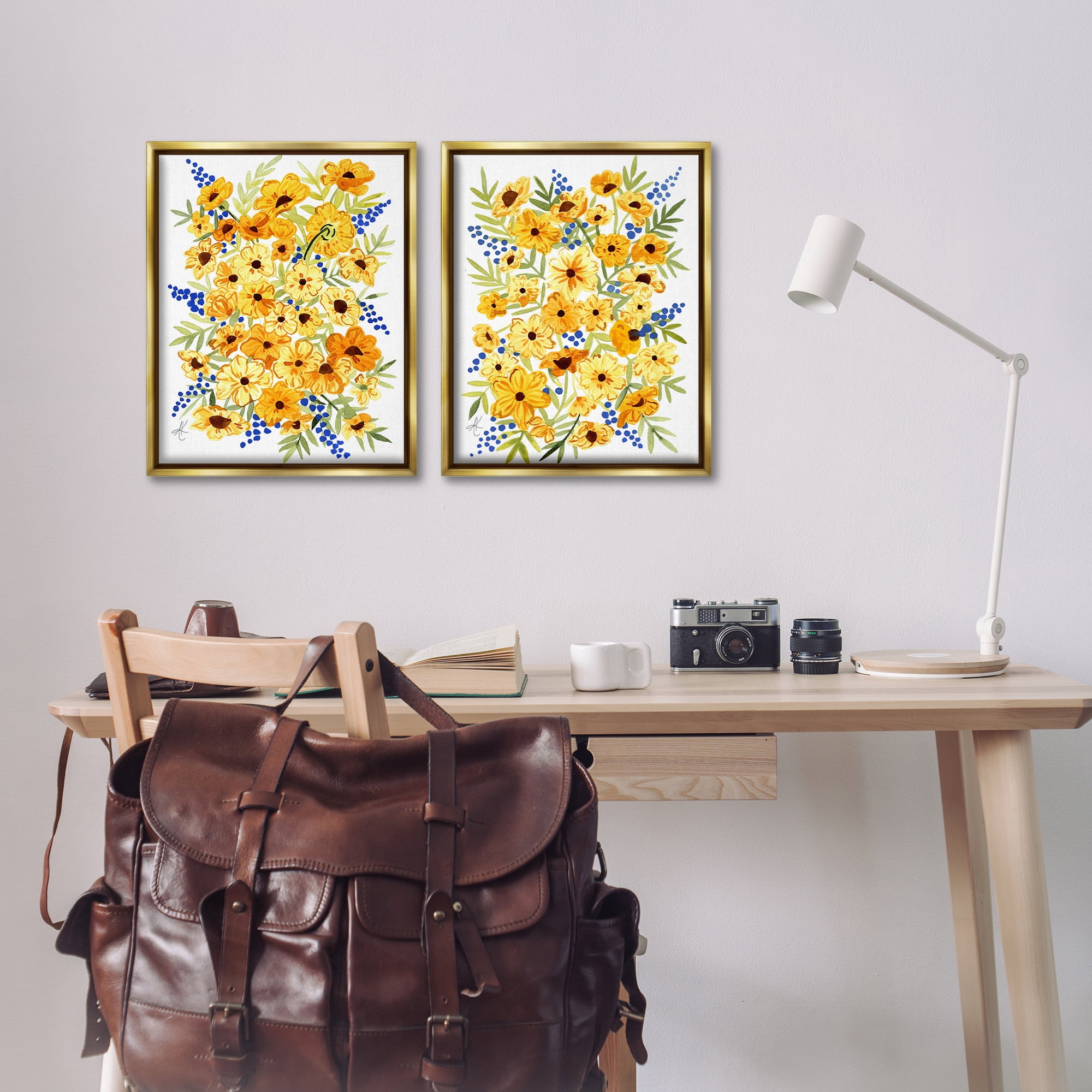Stupell Industries Golden Cosmos with Blue Berries Plants & Flowers Painting Gold Floater Framed Canvas Art Print Wall Art, 17 x 21, Set of 2