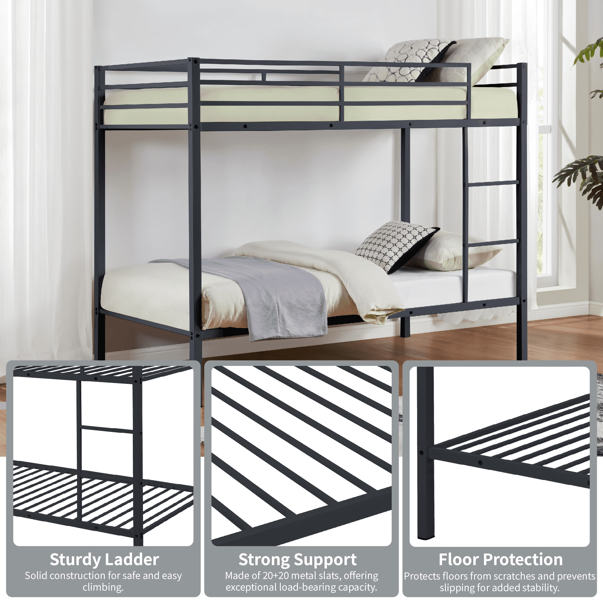 MAYEERTY Twin Size Metal Bunk Bed, Low Profile Bed Frame with Built-in Ladder, High Guardrail, Space-Saving for Kids, No Box Spring Required, Black