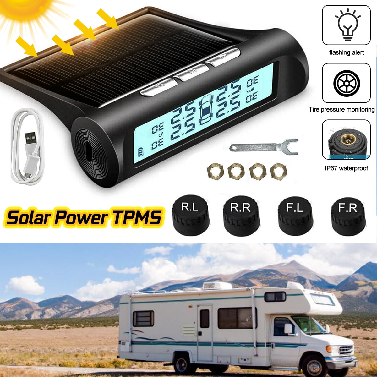 Temperature and Alarm Function Solar Universal Car Alarm System with 4 External Sensors Real-time Displays 4 Tires Pressure PerfectPromise TPMS Wireless Tire Pressure Monitoring System Temperature and Alarm Function Solar Universal Car Alarm System with 4 External Sensors Real-time Displays 4 Tires Pressure PerfectPromise TPMS Wireless Tire Pressure Monitoring System
