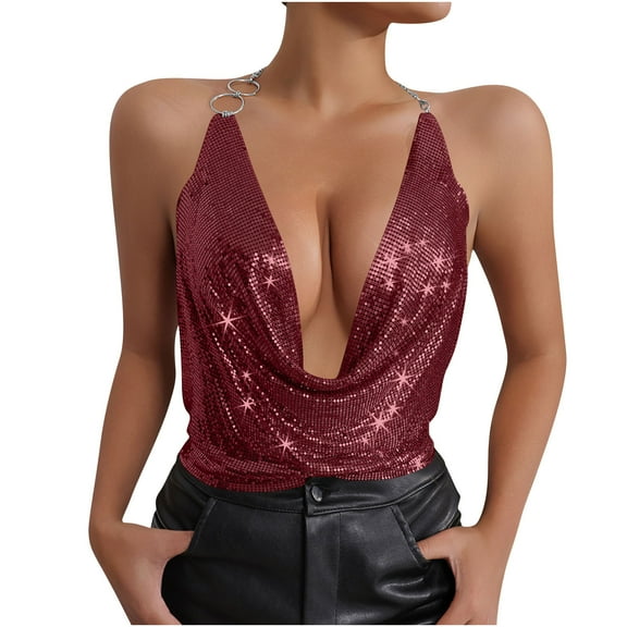 Tank Tops for Women V Neck Fashion Metal Neck Hanging Strap Tank Top