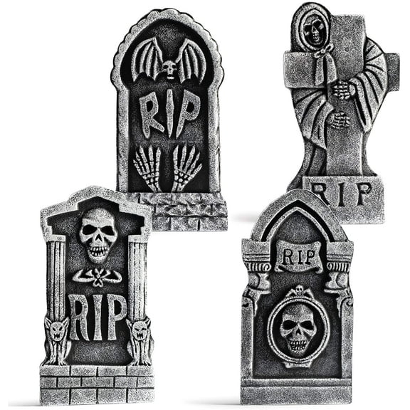 Prextex Halloween Graveyard Decor RIP Lightweight Foam Tombstone Halloween Decorations RIP Pack of 4