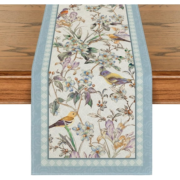 Blue Birds Flowers Blossom Table Runner, Seasonal Spring Floral Kitchen Dining Table Decoration for Home Party Decor 13x72 Inch