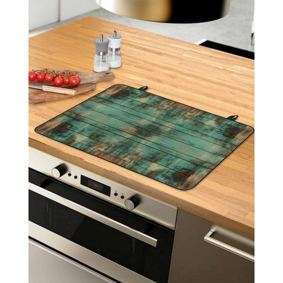 nqOlkjepod Large Induction Cooktop Protector Mat 36"x21", Vintage Teal Brown Plank Stove Top Covers for Electric Stove, Retro Shabby Wooden Grain Stove Burner Cover Mats, Glass Top Stove Cover