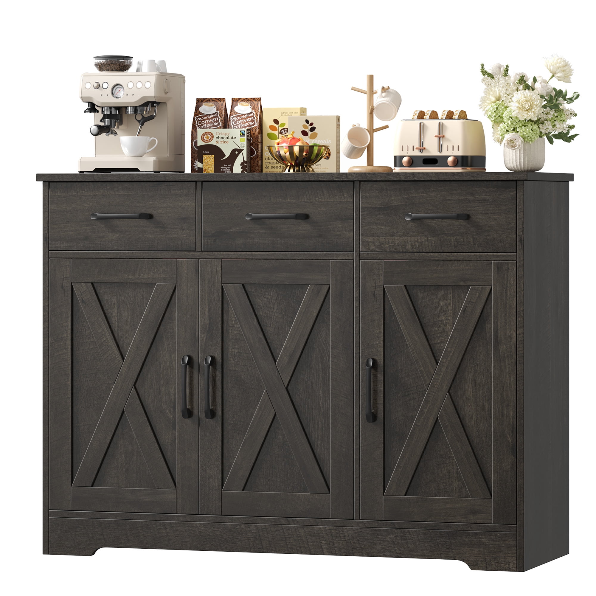 Homfa 42.5'' Kitchen Buffet Sideboard Cabinet, 3 Drawers Farmhouse Storage Cabinet with Adjustable Shelf, Dark Brown