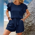 thumbnail image 2 of JULMCOMO Chiffon Two Piece Sets for Women Ruffle Crew Neck Summer Tops Drawstring Lounge Short Sets Vacation Outfits with Pockets Dark Blue S, 2 of 7
