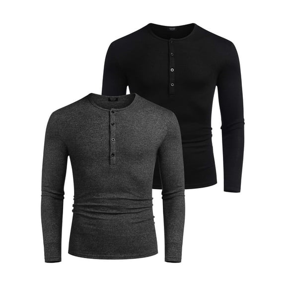 COOFANDY Men's 2 Pack Henley Shirts Long Sleeve Slim Fit Casual T-Shirt Lightweight Button Soild Basic Tees