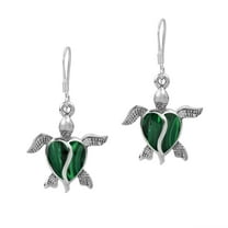 AERAVIDA Green Malachite Ocean Turtle .925 Sterling Silver Hoop Leverback Dangle Earrings - 19mmx35mm