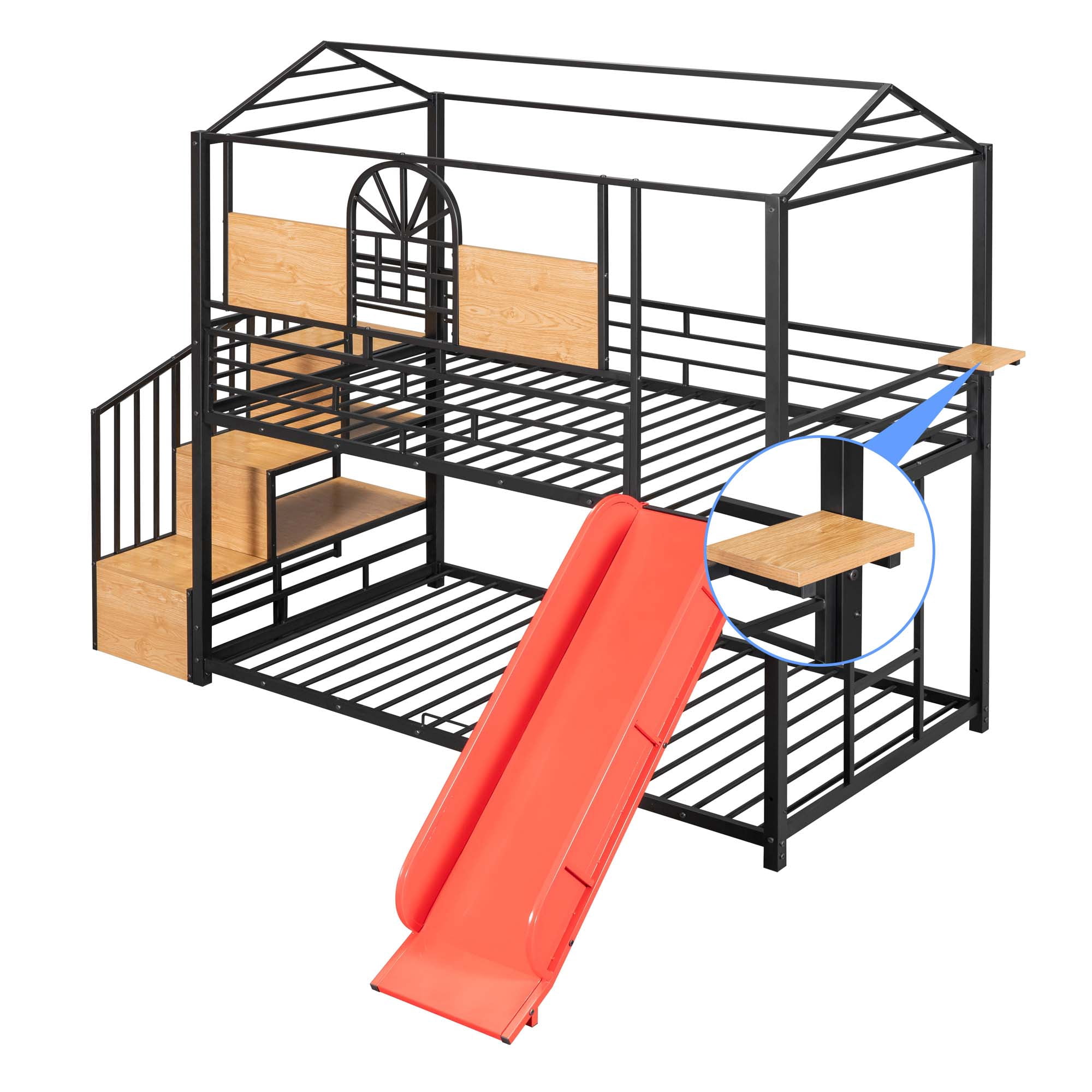 Aukfa Twin over Twin Bunk Bed with Slide, Metal House Bunk Bed with Staircase and Shelves for Kids - Black/Red