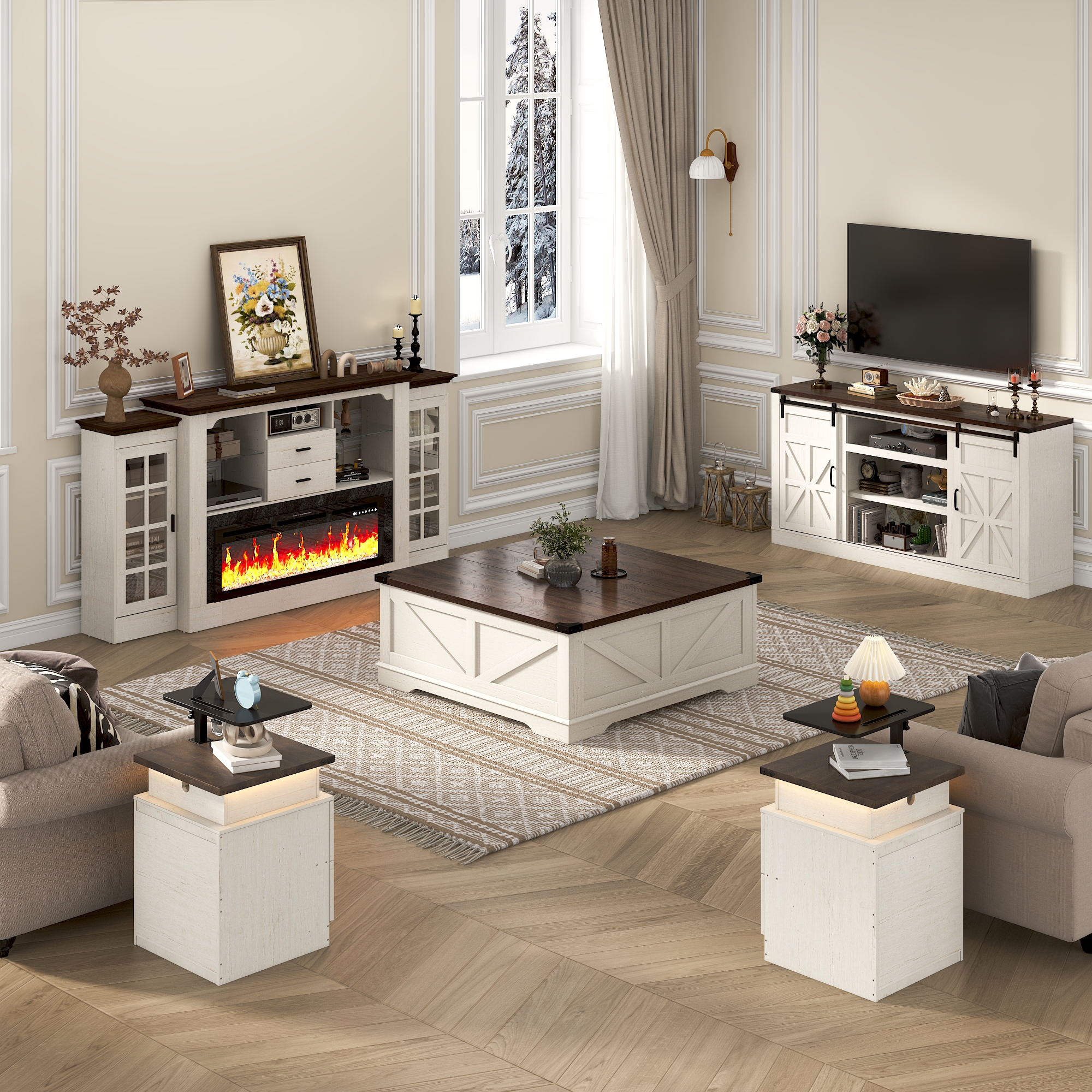 Chvans 66" Farmhouse TV Stand with Sliding Barn Doors & Charging, White photo 8