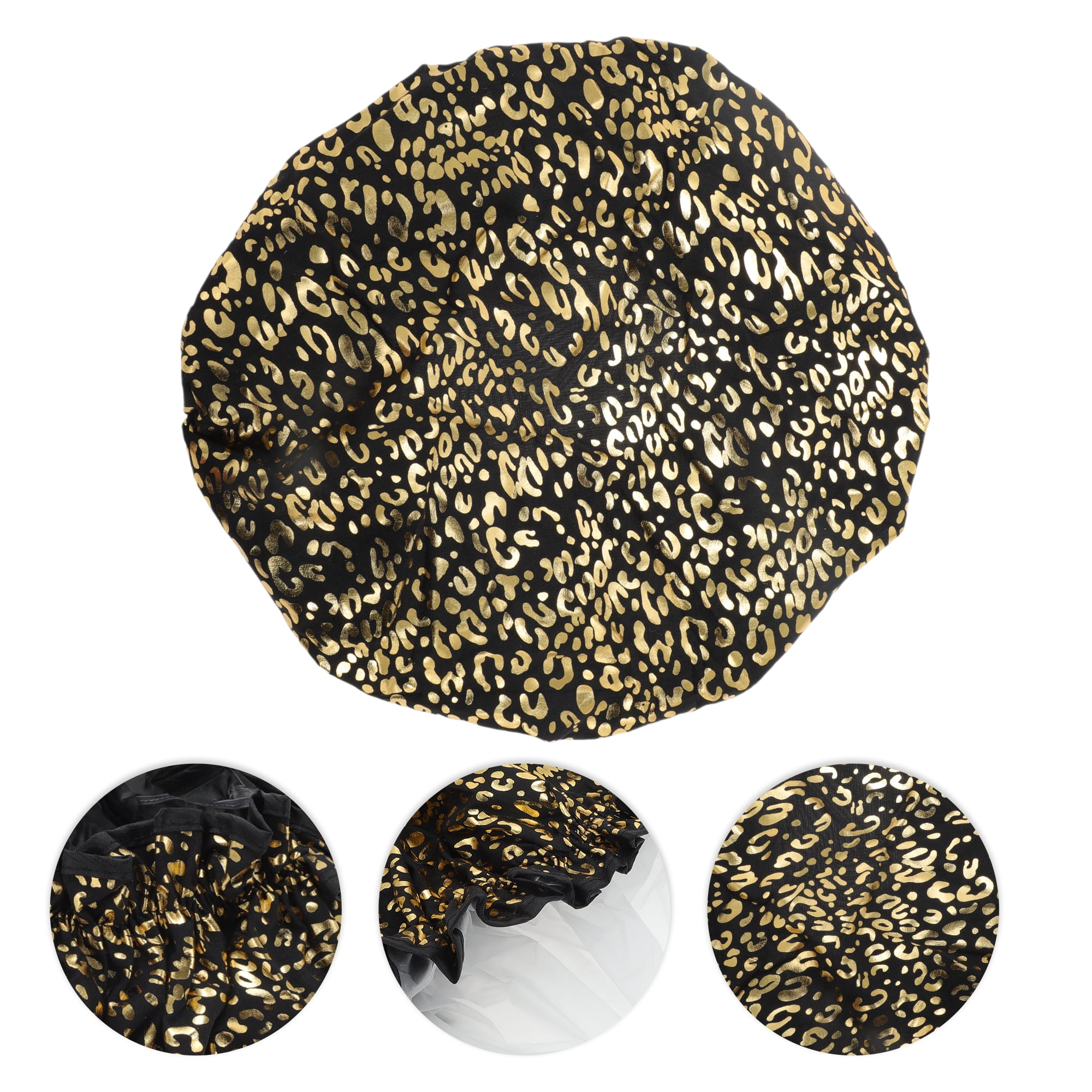 Unique Bargains Women's Leopard Point Bath Cap Black Gold Tone 1 Pc