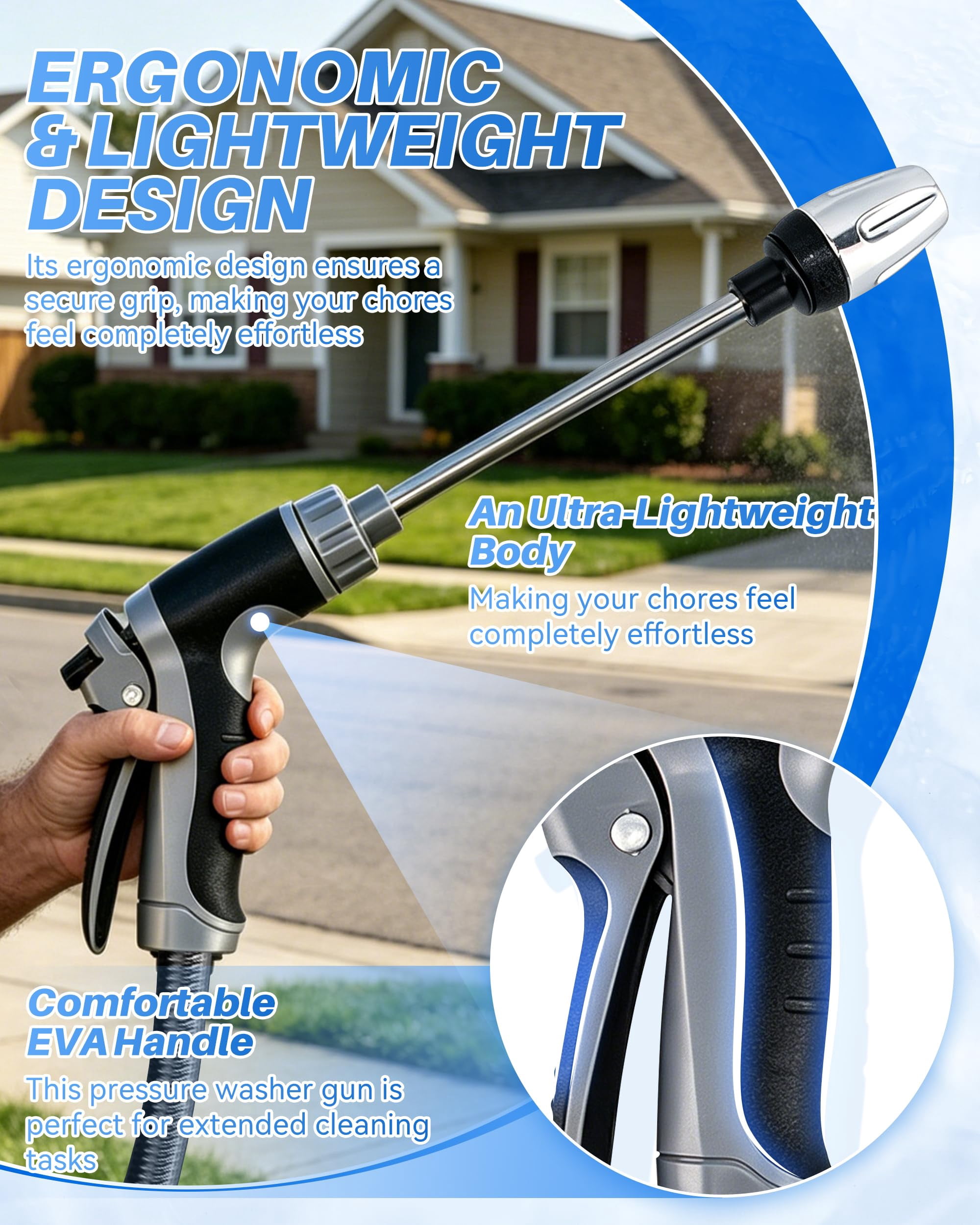 Garden Hose Nozzle Spray Gun, 360° Rotatable High Pressure Cleaner, 3 Adjustable Spray Modes, Fit 3/4" US Standard Hose