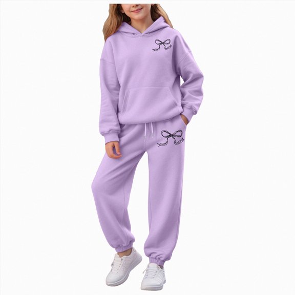 7-8 Years Toddler Girls Hooded Sweatshirt And Sweatpants Set With Butterfly Print Newborn Romper Ruffled Long Sleeve Fall Winter Outfits With Bow Headband Purple Girl Set
