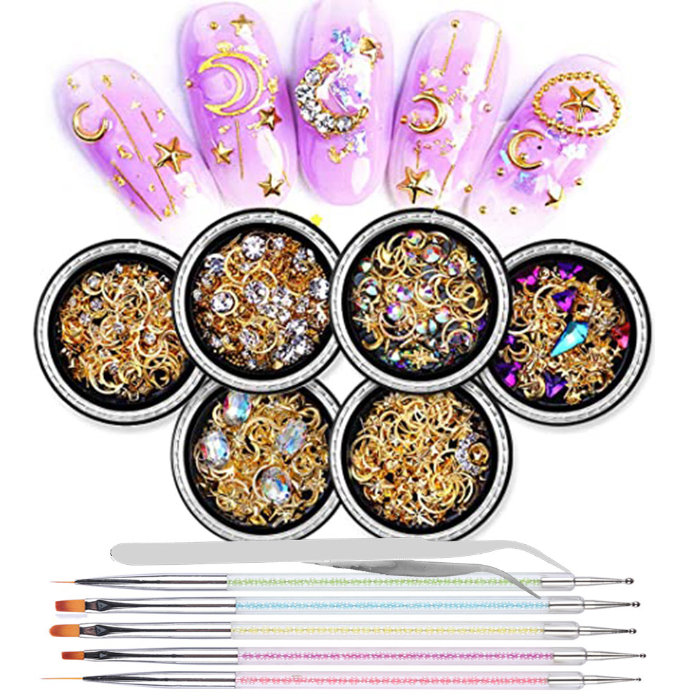 Dicasser 6 Boxes 3d Nail Rhinestones And Studs Gold Nail Rivets Set Nail Crystals Clear Nail Jewelry Decorations Manicure Kit With 1Pc Tweezers And Picker 5PcsPencil - image 1 of 1