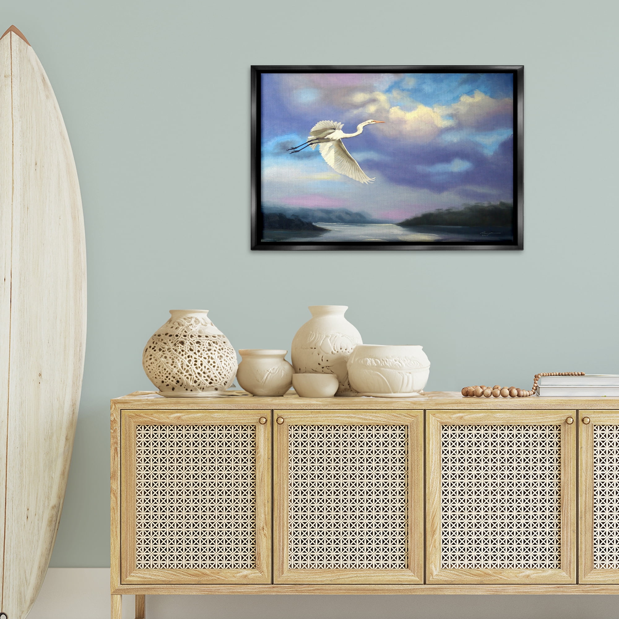 Stupell Industries Egret Over Clouds Landscape Painting Black Floater Framed Canvas Art Print Wall Art, 31 x 21