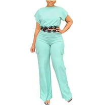 Tbopshirt Women's 2 Piece Outfits Women's Plus Size Solid Short Sleeve Round Neck Bandage Pullover Leisure Tops   Long Pants Set Wide Leg Pants