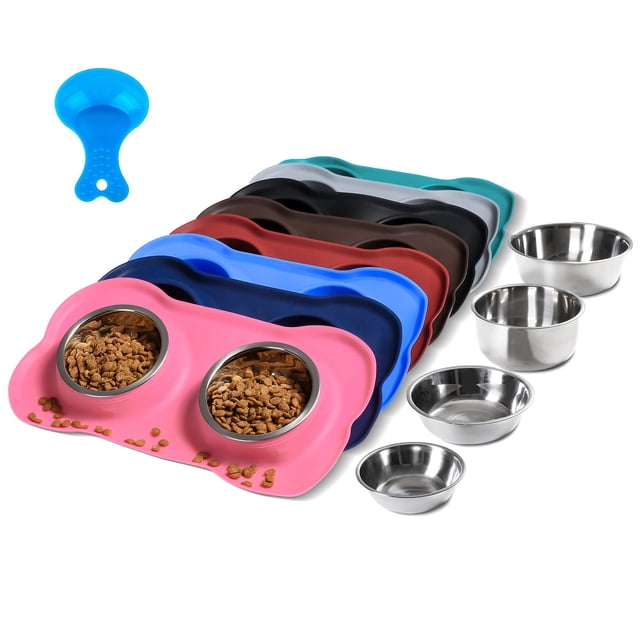 Cuencos Hubulk de acero inoxidable para mascotas y perros con tapete de silicona antiderrames