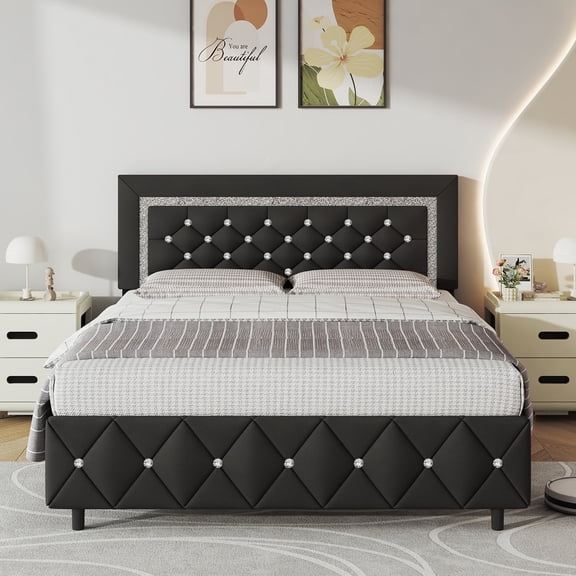 4 EVER WINNER Queen Bed Frame, Upholstered Platform Bed Frame with Headboard and Footboard, Diamond Headboard and Footboard Design, Black