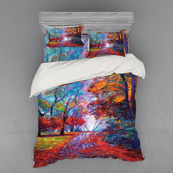 Ambesonne Colorful Bedding Set 4 Pcs, Trees Park Fall Autumn, Queen, Multicolor