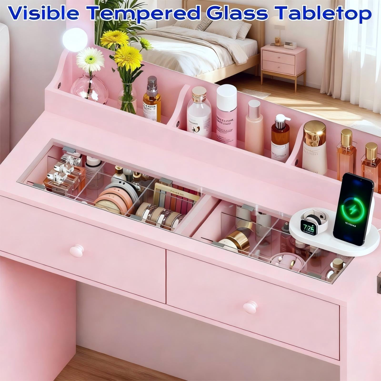 Zimtown Vanity with Mirror and Light, Makeup Desk  with Charging Station and Storage, Dressing Table with Hair Dryer Rack for Bedroom, Light Pink