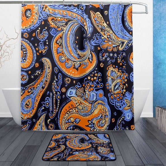 Bath Curtain & Non-Slip Bath Mat Set 12-Grommet Shower Curtain Memory Foam Bath Rug Orange Abstract Pattern