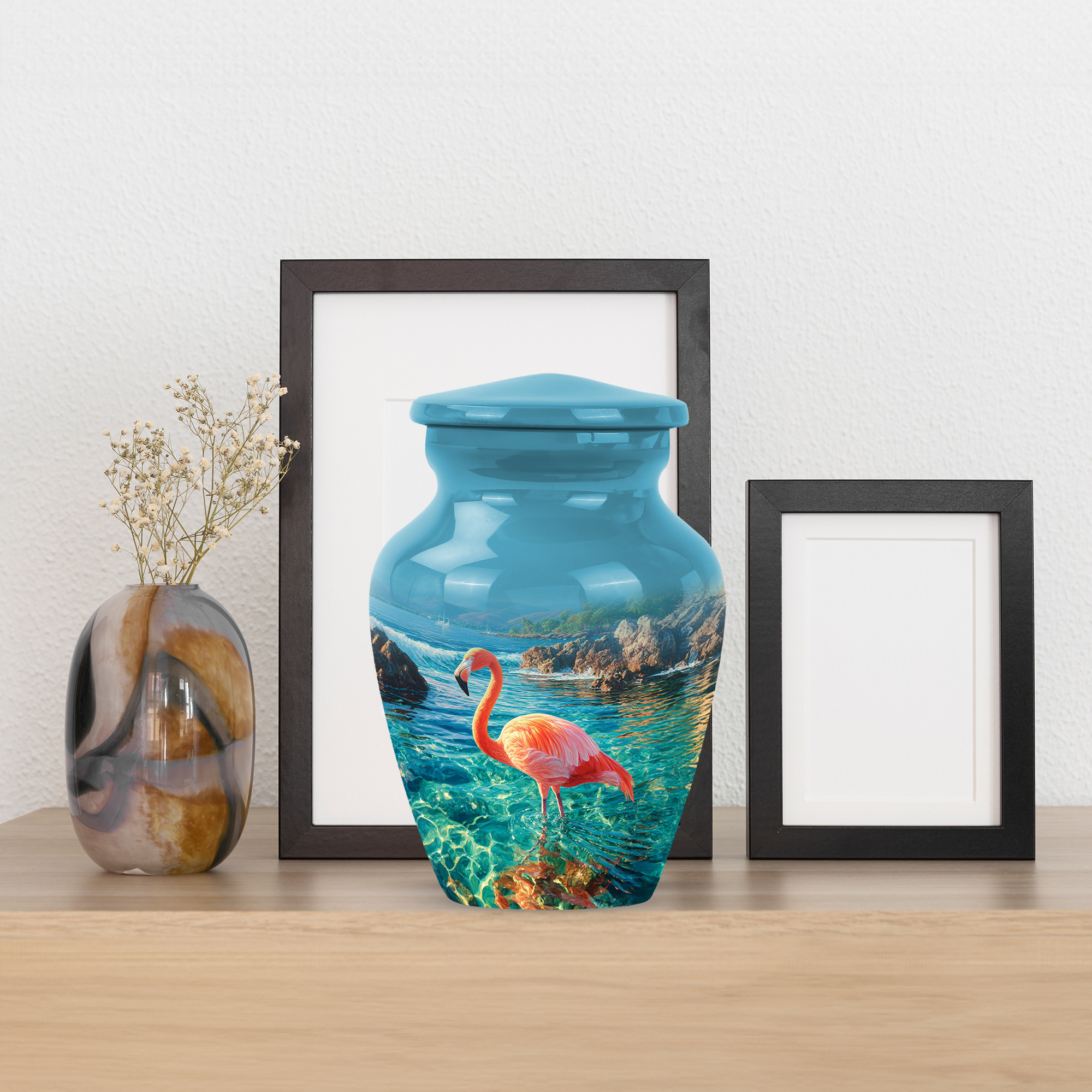 MUKTIVE Orange Flamingo Decorative Urn for Ashes Adult Mother & Father, Keepsake Memorial Urns for Women Ashes, Ocean Blue Urns for Funeral, Cremation Urn for Adult Male (3 Inch)