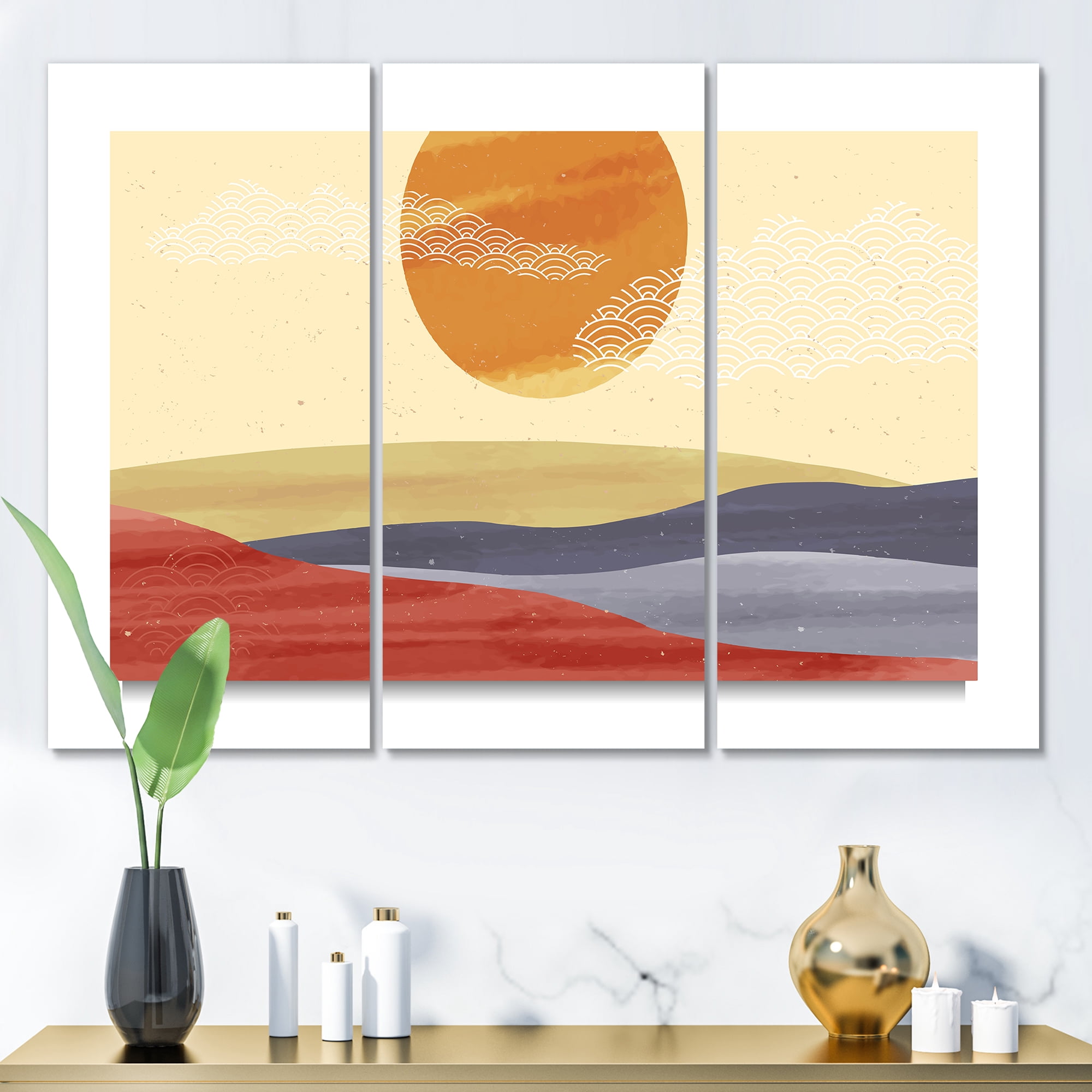 Designart ' Abstract Minimalistis Landscape Mountain & Moon ' Modern Canvas Wall Art Print