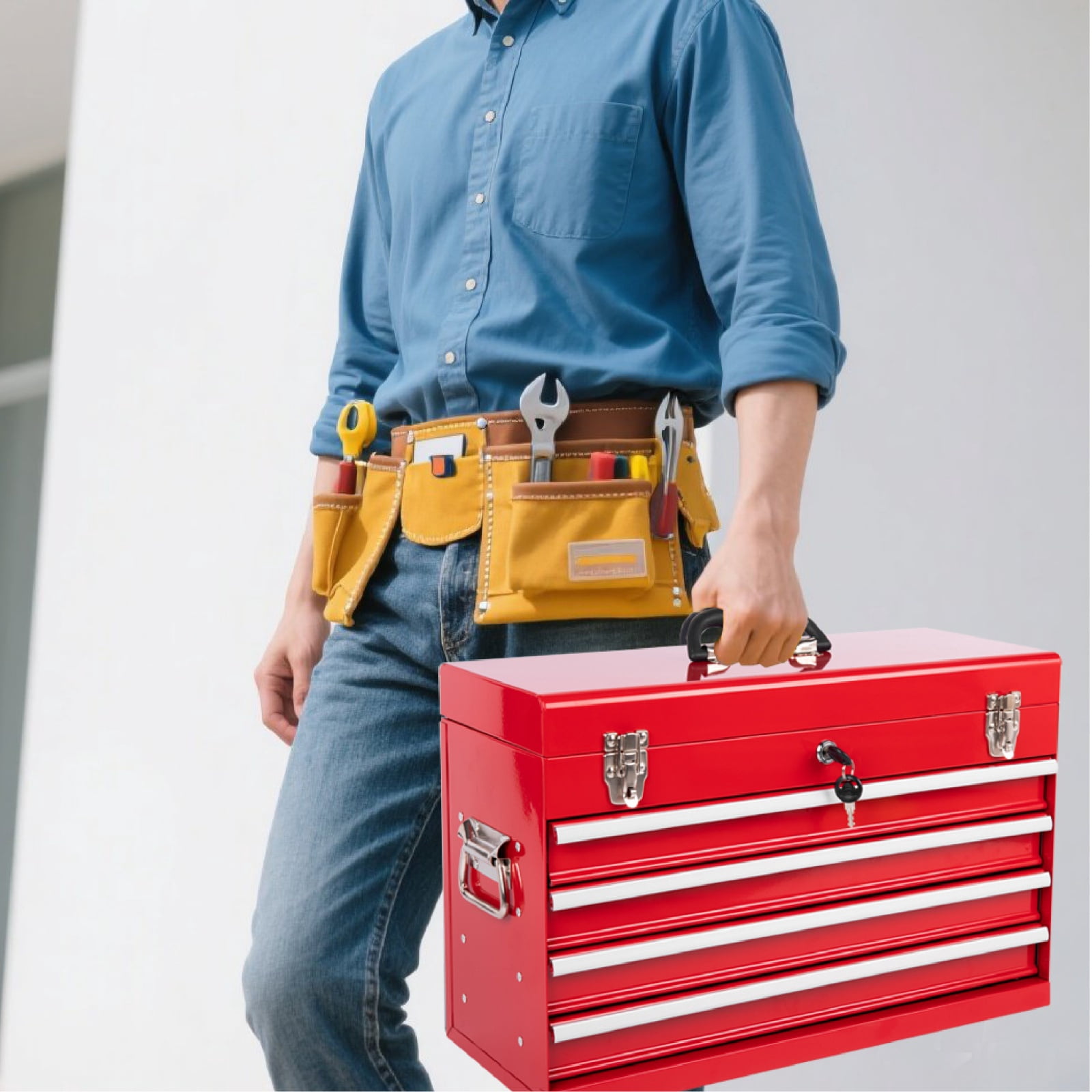 Deiokin 21" Heavy Duty Metal Tool Box, 4-Drawer Portable Tool Chest with Ball Bearing Slides & Auto-Locking System