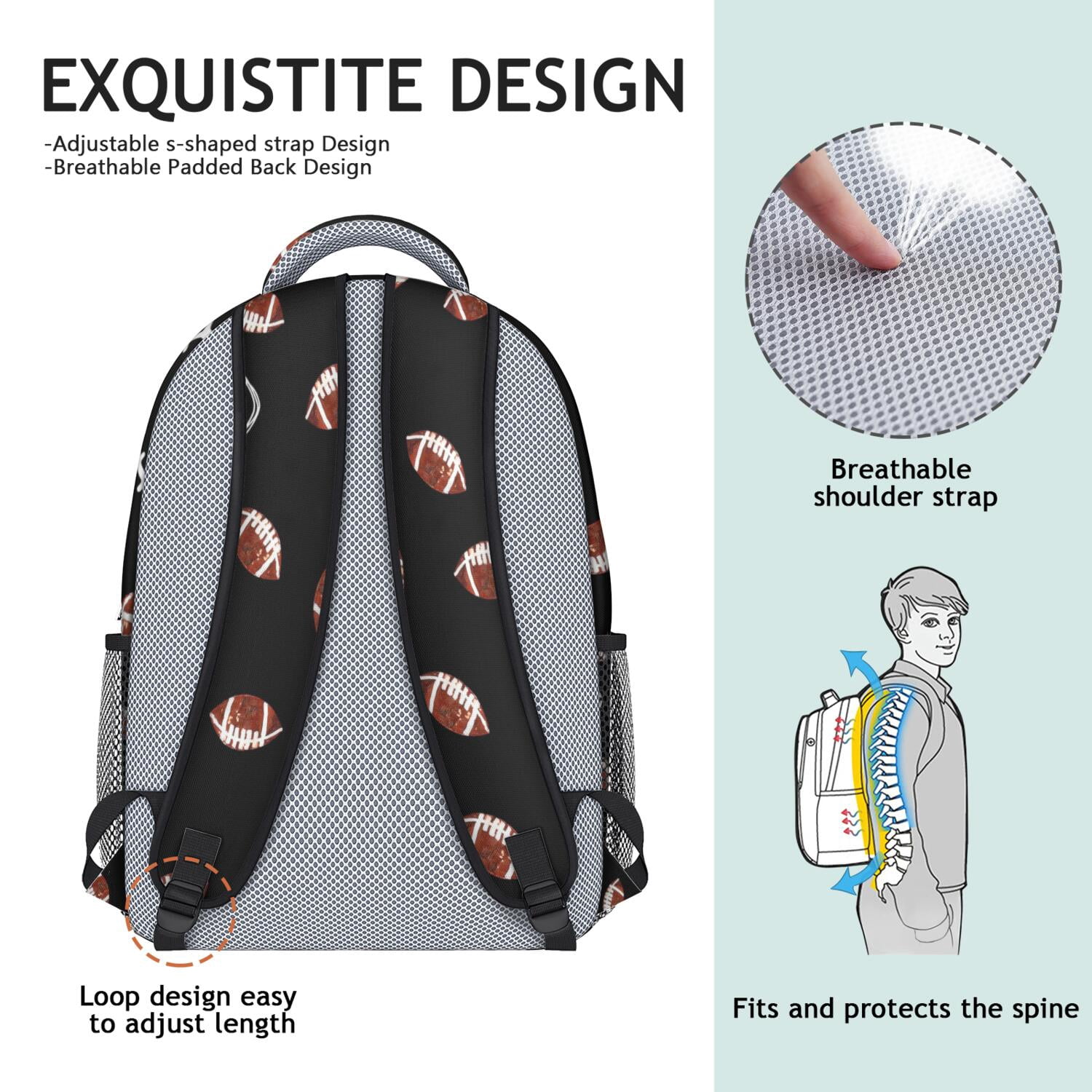 Sports Competition Print Backpack for Teens - Waterproof & Lightweight Student Backpack - Breathable Shoulder Straps for Baseball, Soccer, Football