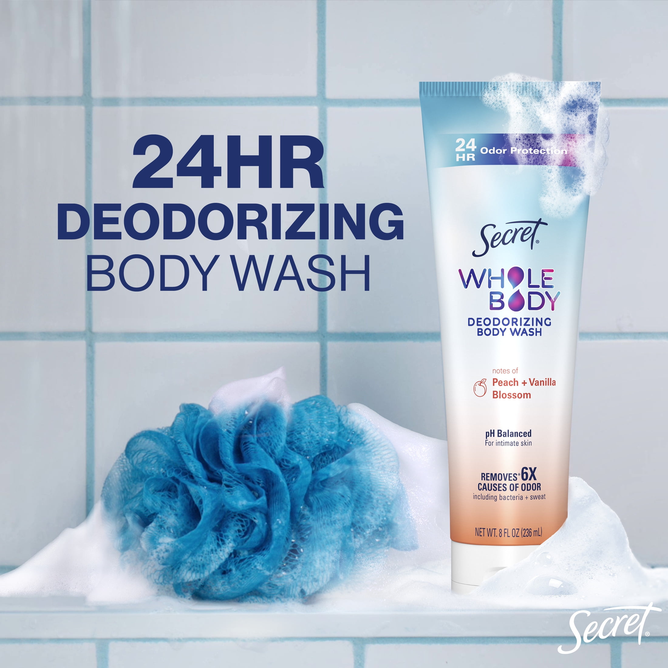 (12 pack) Secret Feminine Wash 24 HR Deodorizing Body Wash for Women, Peach & Vanilla, 7oz