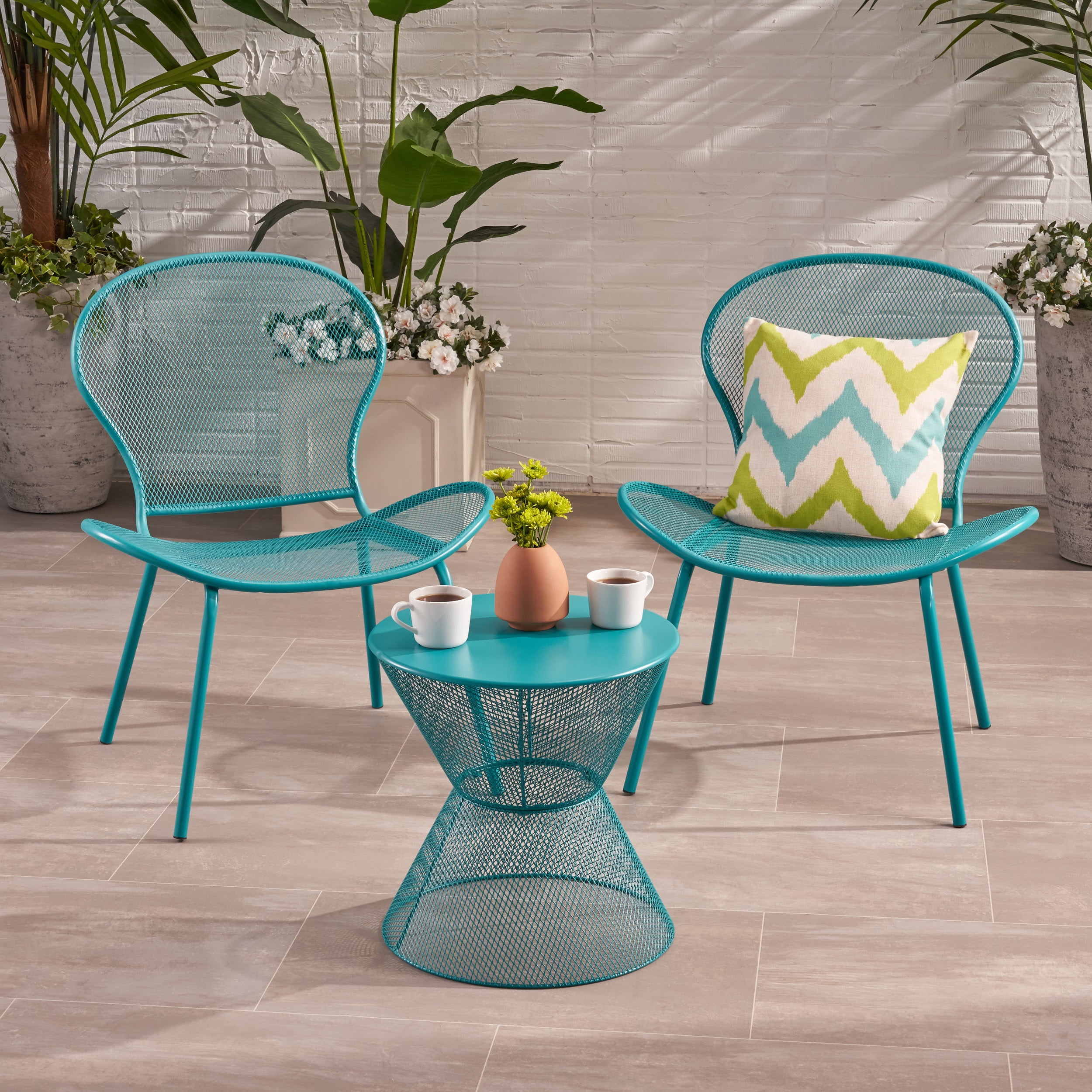 Kreighton Modern Outdoor 2 Seater Iron Chat Set with Side Table, Matte Teal