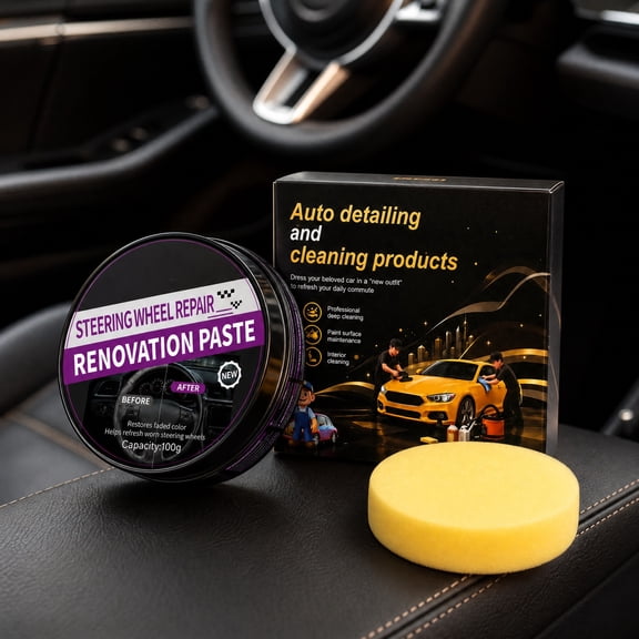 Car Interior Refurbishing Paste, Automotive Leather Steering Wheel Dashboard Repair Balm, Worn Faded Surface Restorer with Sponge for Minor Scratches Aging Protection and Interior Maintenance